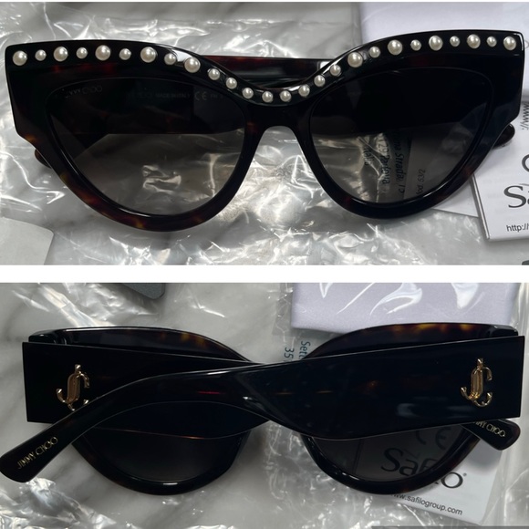 JIMMY CHOO HAVANA CAT EYE WITH FAUX PEARL DETAILING & GOLD “JC” LOGO SUNGLASSES - Picture 2 of 16